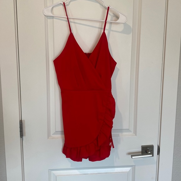 Red Romper with Ruffled Hem - Picture 1 of 4